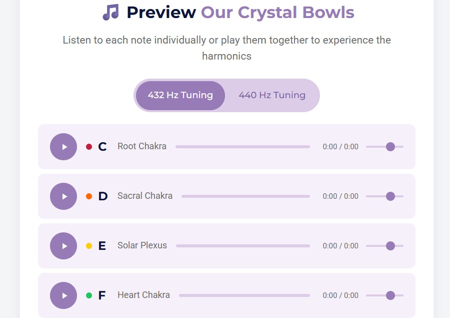 Healing Sounds sound preview feature - listen to crystal bowls before buying
