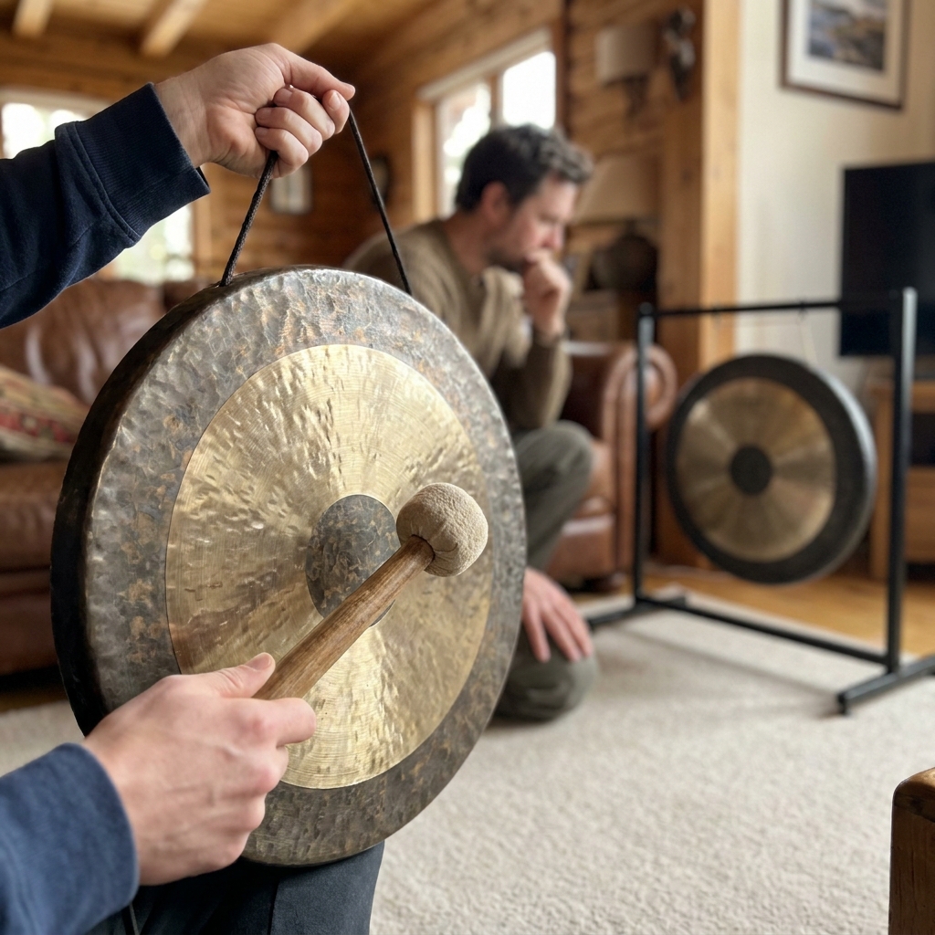 Gong player in sound bath session