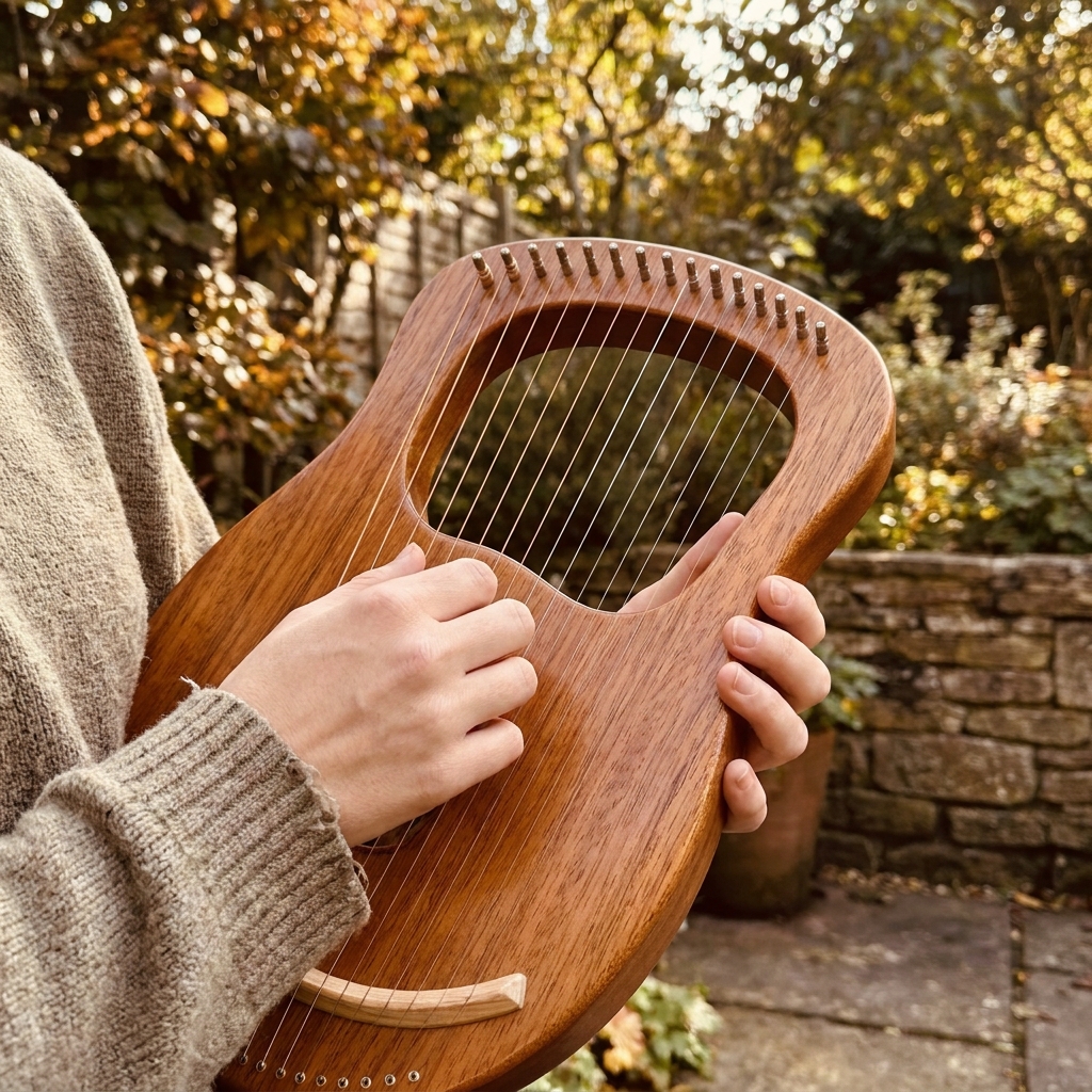 Celtic lyre harp player at home