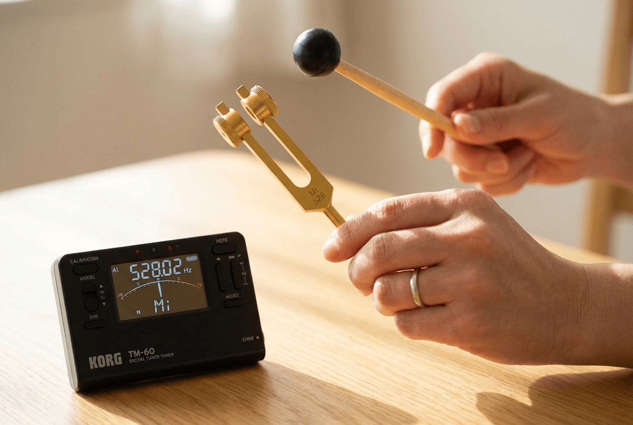 Tuning fork frequency test with professional tuner